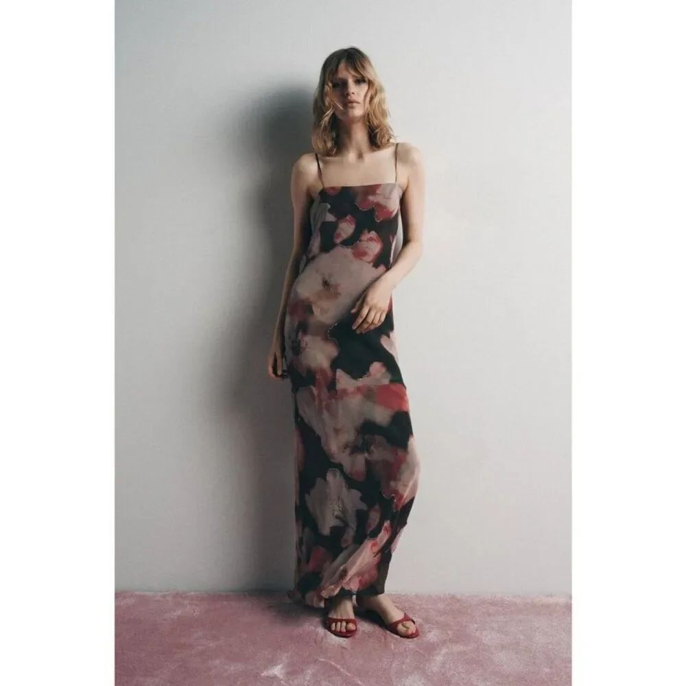 Zara Women Slip Maxi Dress Small Abstract Floral Beaded Open Back 1377/913 NWT